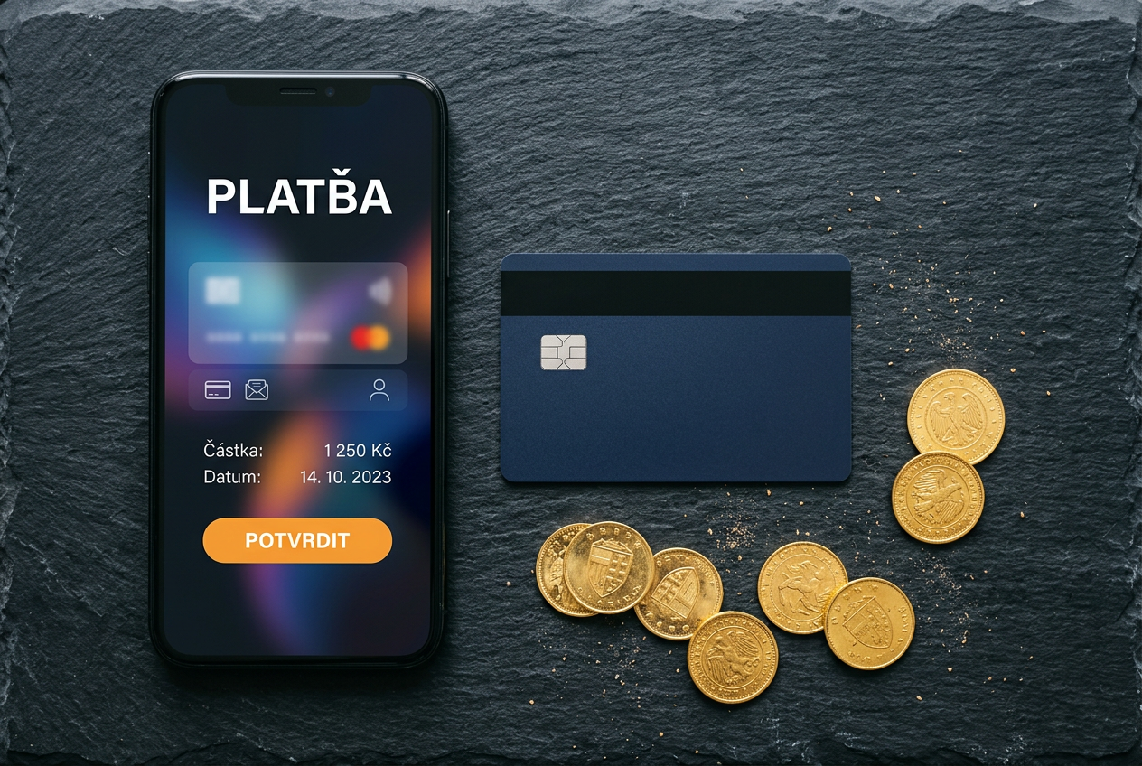 Stylové uspořádání platební karty, chytrého telefonu a mincí na tmavém pozadí se zlatými akcenty